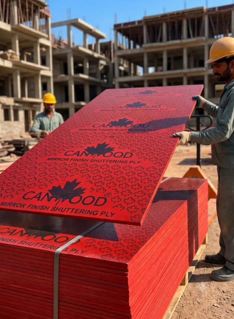 Builders using waterproof shuttering plywood for slab casting in Mumbai.